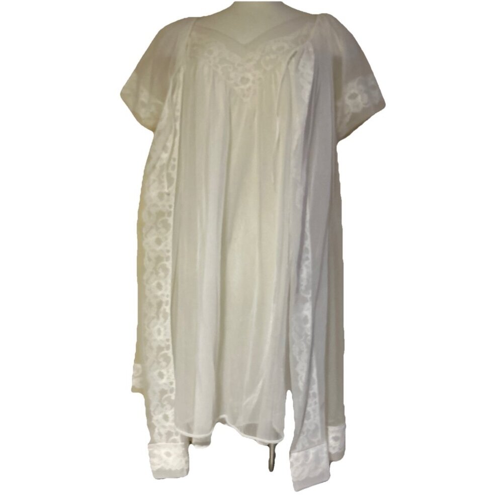 Vintage Sears Medium Lace Nightgown Robe Peignoir Set Ivory Sheer Bridal Fairy